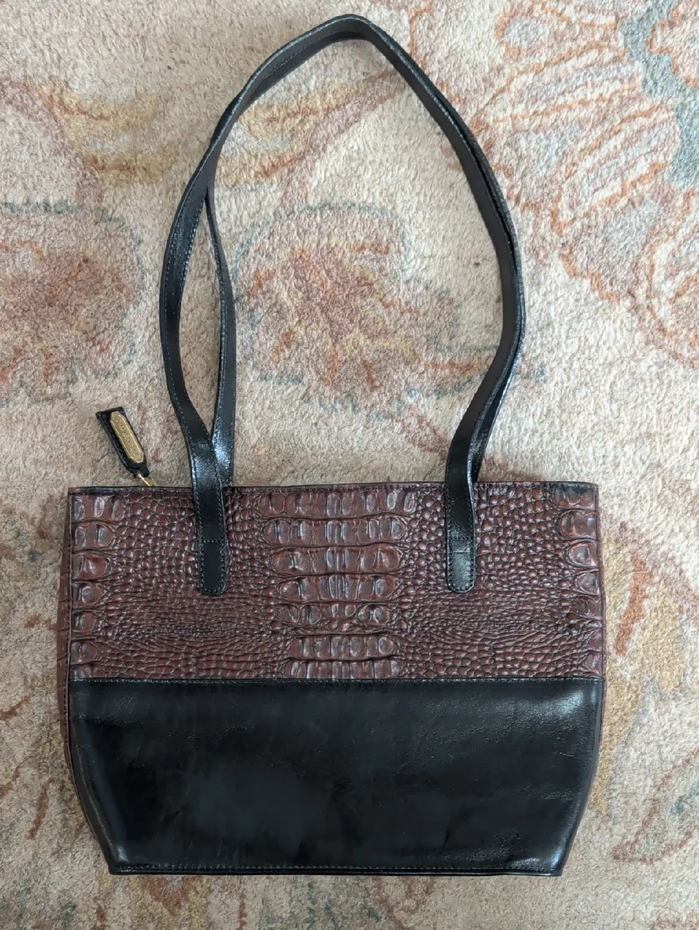 Brahmin Tuscan Melbourne Brown Croc-Texture and Black Leather Vintage Tote Bag